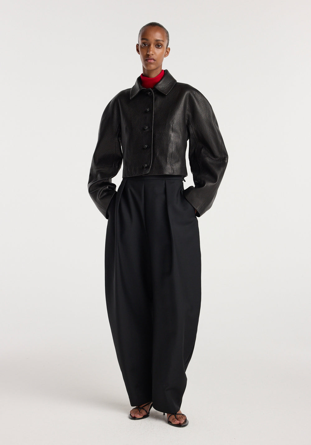 Rounded Grain Leather Cropped Jacket Black